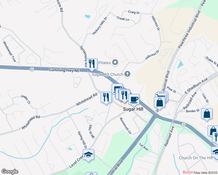 map of restaurants, bars, coffee shops, grocery stores, and more near 343 Sugarview Road in Sugar Hill