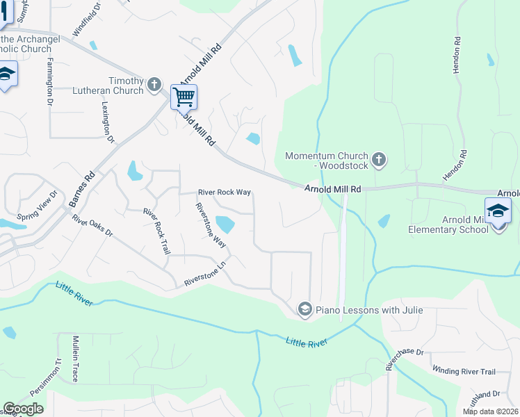 map of restaurants, bars, coffee shops, grocery stores, and more near 4035 River Rock Way in Woodstock