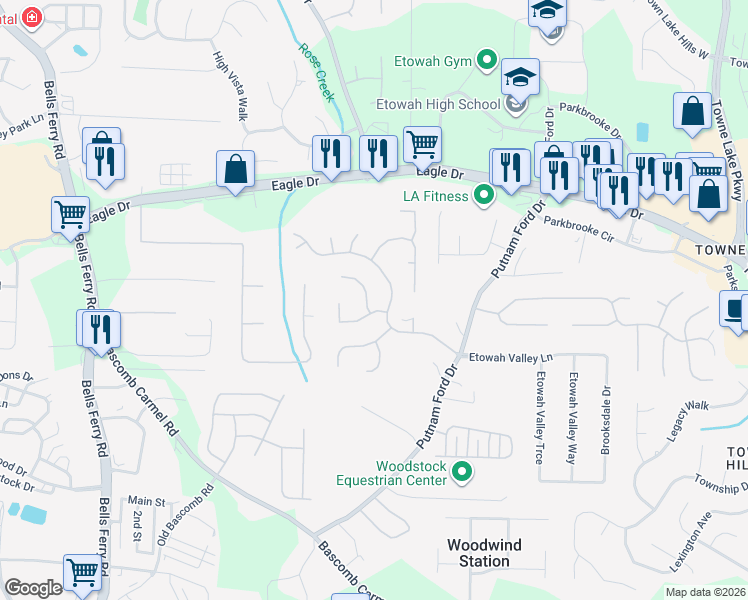 map of restaurants, bars, coffee shops, grocery stores, and more near 2020 Spicers Lane in Woodstock