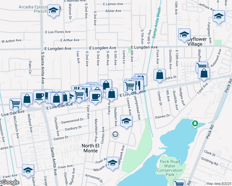 map of restaurants, bars, coffee shops, grocery stores, and more near 425 Live Oak Avenue in Arcadia