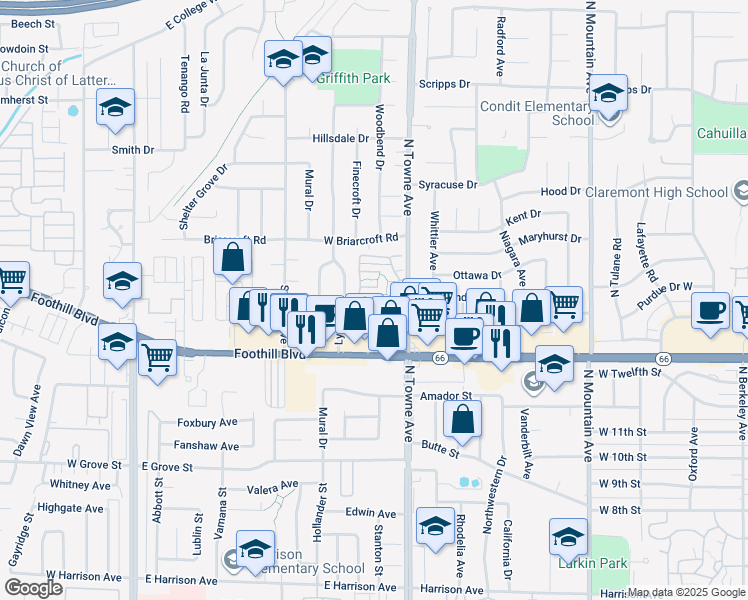 map of restaurants, bars, coffee shops, grocery stores, and more near 3613 Towne Park Circle in Pomona