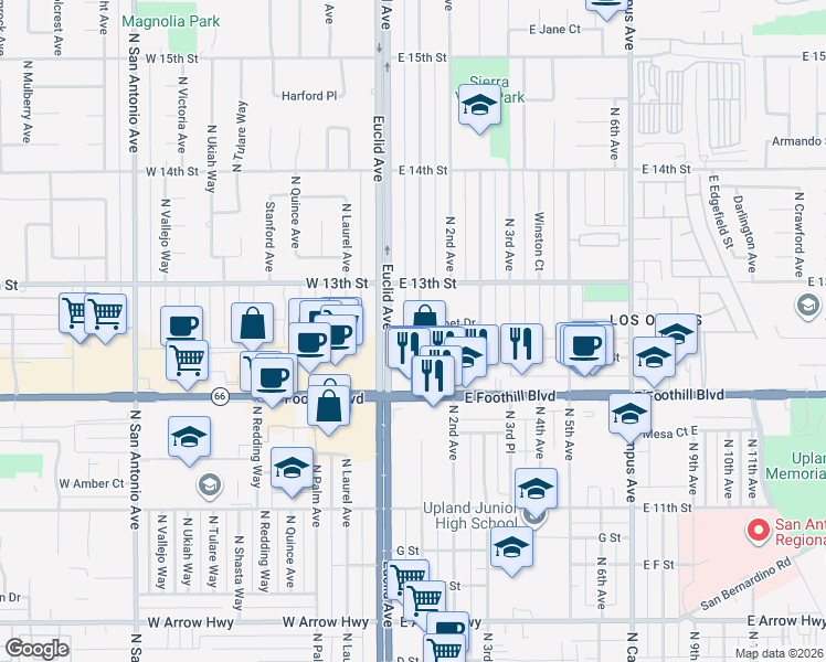 map of restaurants, bars, coffee shops, grocery stores, and more near 1191 North 1st Avenue in Upland