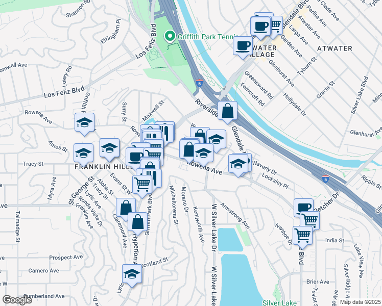 map of restaurants, bars, coffee shops, grocery stores, and more near 2928 Rowena Avenue in Los Angeles