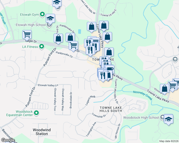 map of restaurants, bars, coffee shops, grocery stores, and more near 602 Eagle Glen Trce in Woodstock