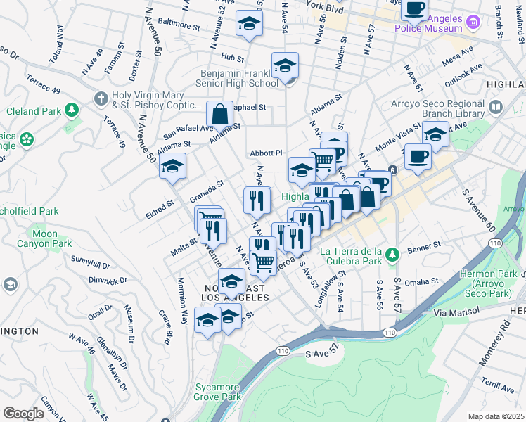 map of restaurants, bars, coffee shops, grocery stores, and more near 5221 Monte Vista Street in Los Angeles