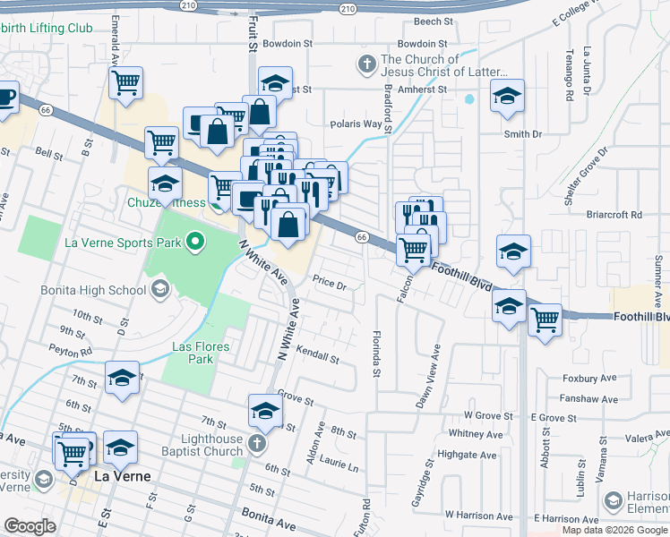 map of restaurants, bars, coffee shops, grocery stores, and more near 2540 Hayes Drive in La Verne