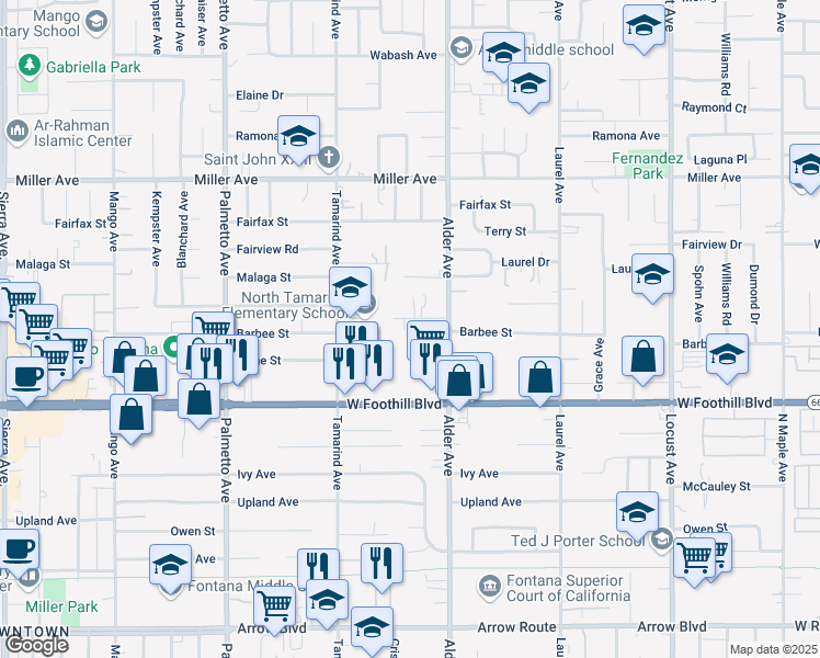 map of restaurants, bars, coffee shops, grocery stores, and more near 17627 McWethy Drive in Fontana