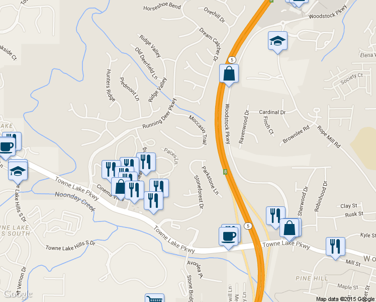 map of restaurants, bars, coffee shops, grocery stores, and more near 4267 Moccasin Trail in Woodstock
