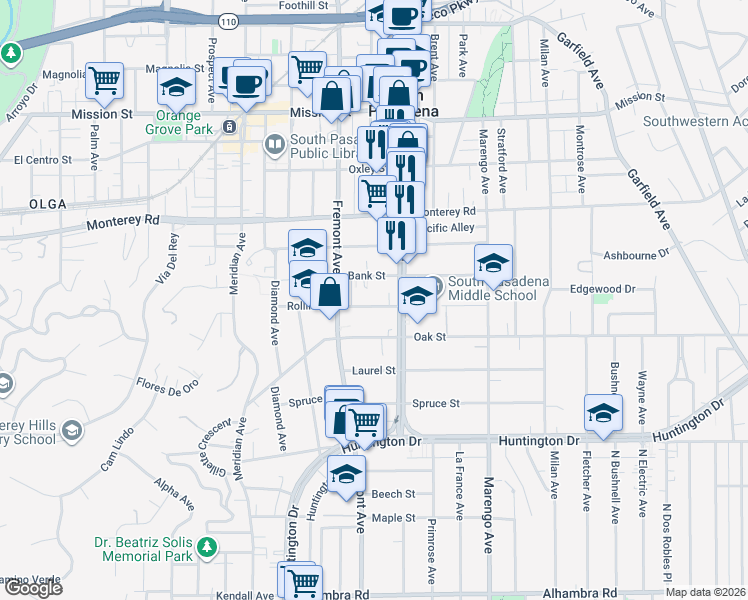 map of restaurants, bars, coffee shops, grocery stores, and more near 1500 Rollin Street in South Pasadena