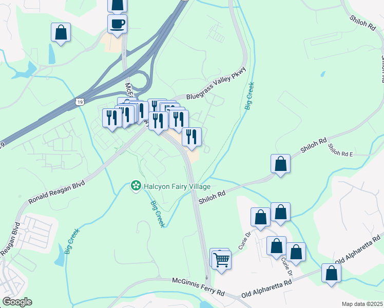 map of restaurants, bars, coffee shops, grocery stores, and more near 1610 Oak Farm Drive in Alpharetta