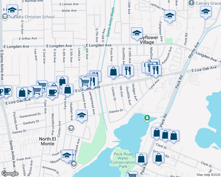 map of restaurants, bars, coffee shops, grocery stores, and more near 4064 Live Oak Avenue in Arcadia