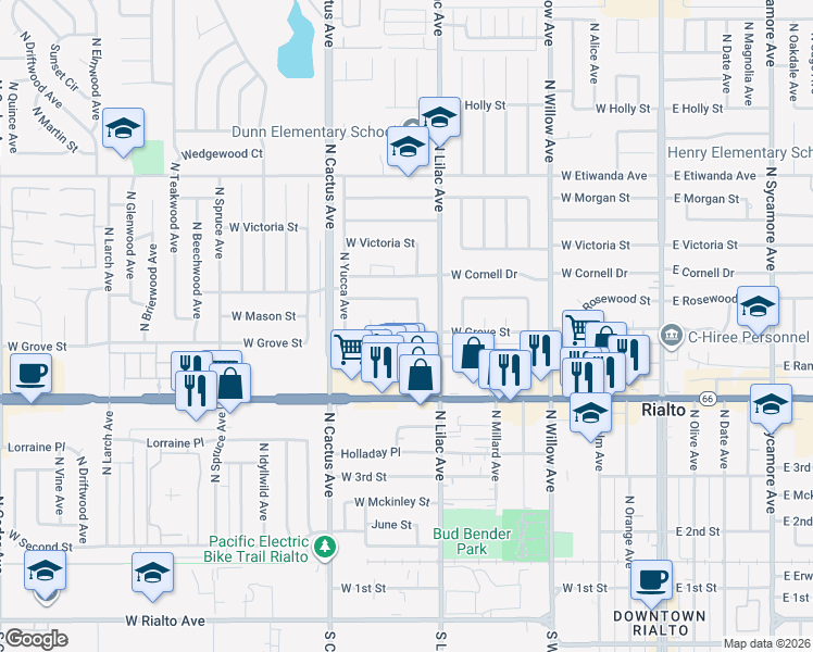 map of restaurants, bars, coffee shops, grocery stores, and more near 554 West Grove Street in Rialto