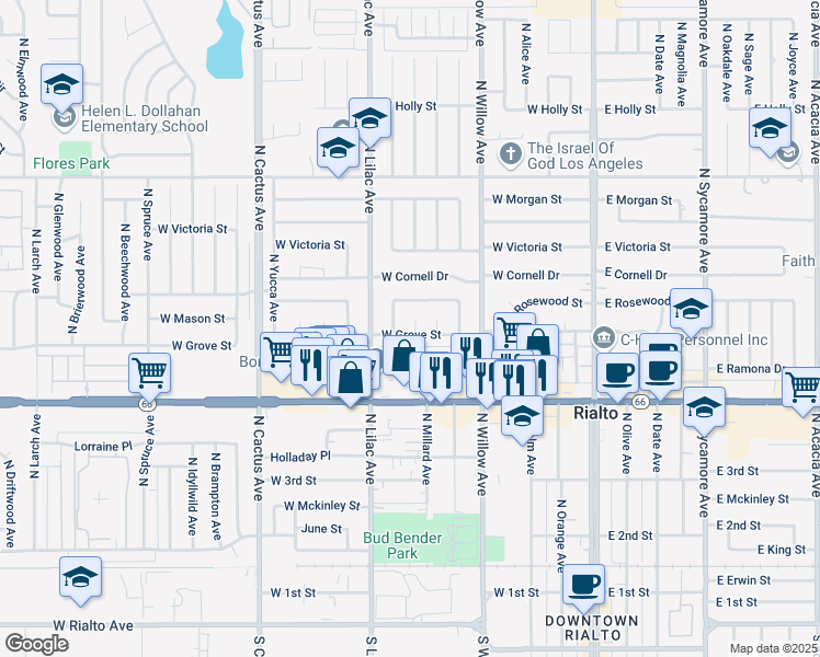 map of restaurants, bars, coffee shops, grocery stores, and more near 452 West Ramona Drive in Rialto