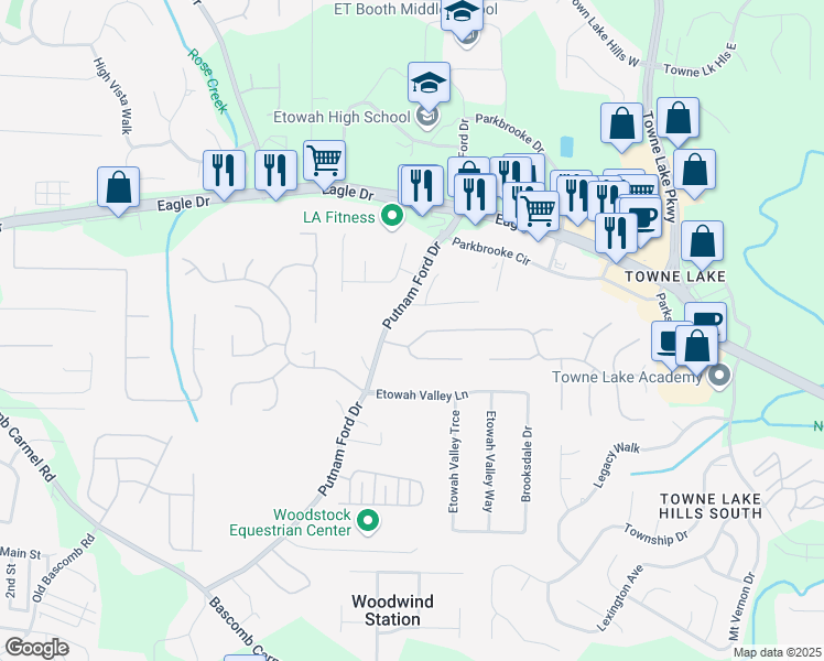 map of restaurants, bars, coffee shops, grocery stores, and more near 107 Eagle Glen Drive in Woodstock