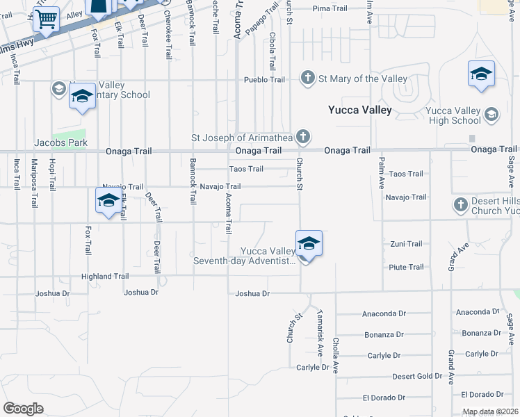 map of restaurants, bars, coffee shops, grocery stores, and more near 56171 Nez Perce Trail in Yucca Valley