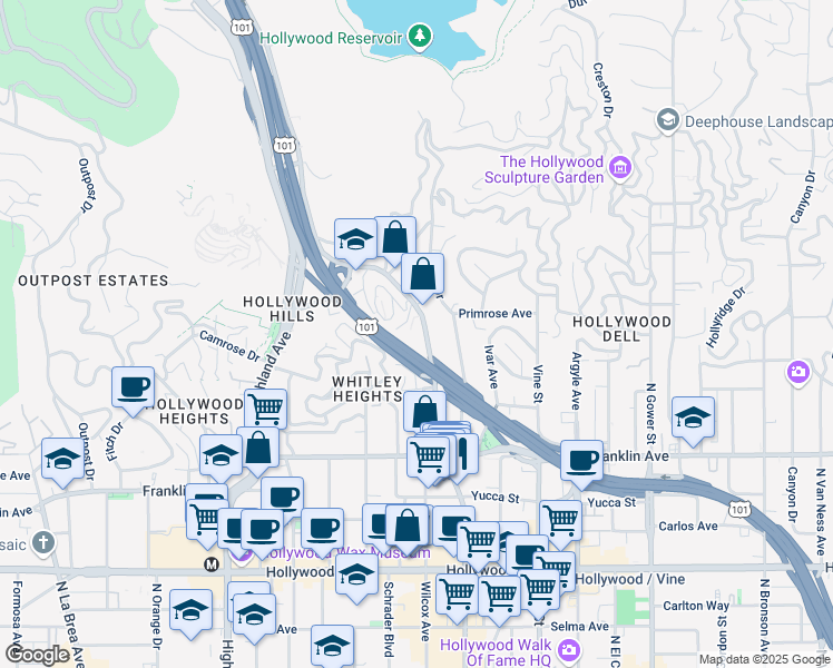 map of restaurants, bars, coffee shops, grocery stores, and more near 2111 North Cahuenga Boulevard in Los Angeles