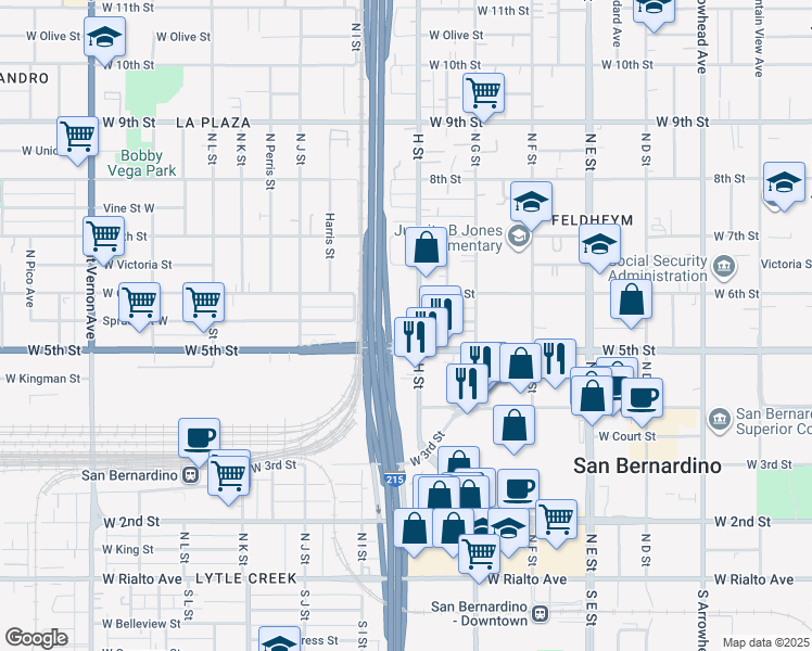 map of restaurants, bars, coffee shops, grocery stores, and more near 821 Spruce Street West in San Bernardino