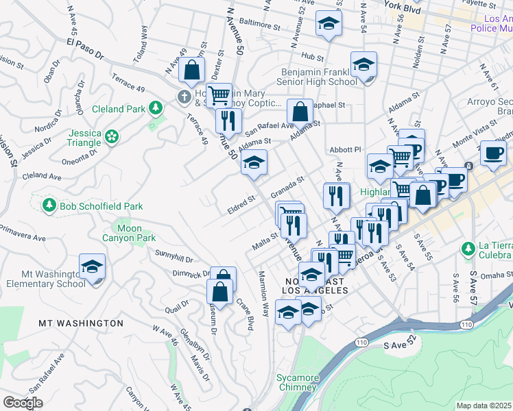 map of restaurants, bars, coffee shops, grocery stores, and more near 4947 Granada Street in Los Angeles