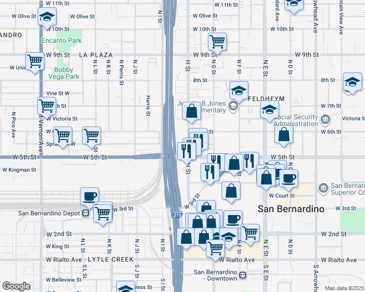map of restaurants, bars, coffee shops, grocery stores, and more near 821 Spruce Street West in San Bernardino