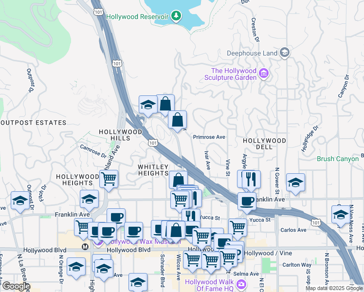 map of restaurants, bars, coffee shops, grocery stores, and more near 2104 North Cahuenga Boulevard in Los Angeles
