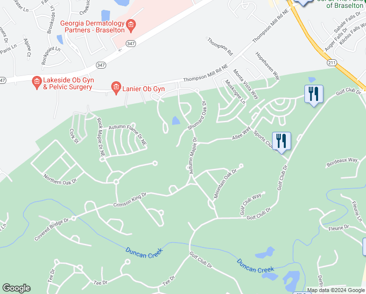 map of restaurants, bars, coffee shops, grocery stores, and more near 2495 Shumard Oak Drive in Braselton