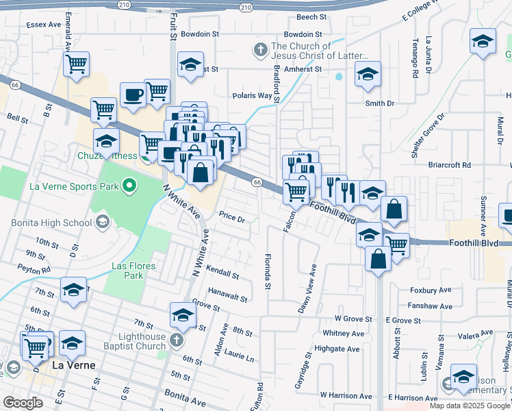 map of restaurants, bars, coffee shops, grocery stores, and more near 2589 Hayes Drive in La Verne