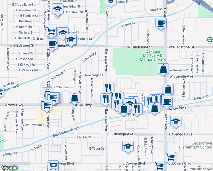 map of restaurants, bars, coffee shops, grocery stores, and more near 5317 North Barranca Avenue in Covina