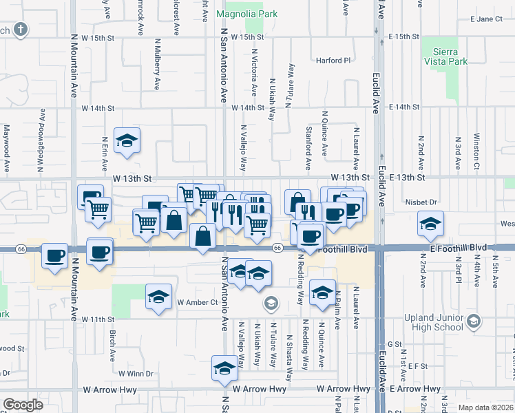 map of restaurants, bars, coffee shops, grocery stores, and more near 1150 North Ukiah Way in Upland