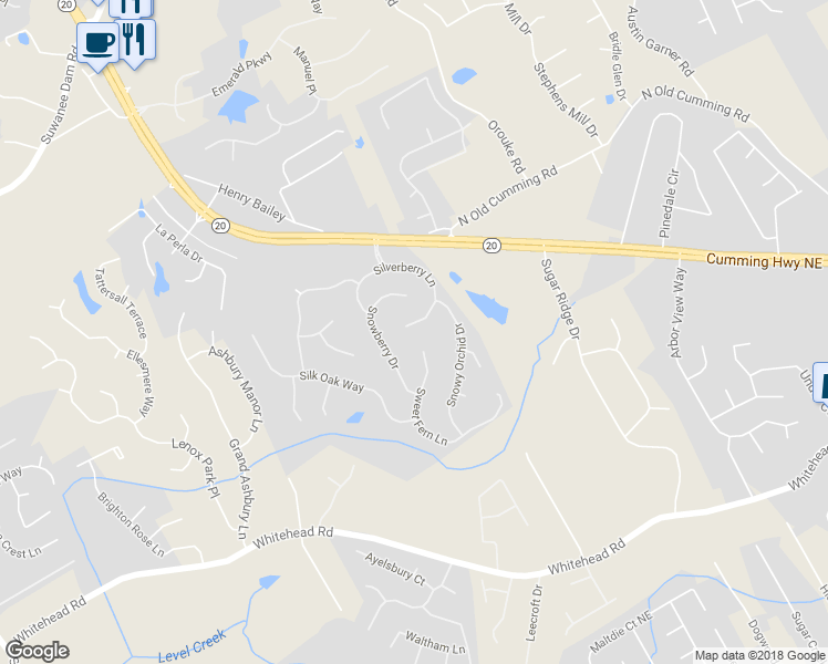 map of restaurants, bars, coffee shops, grocery stores, and more near 630 Silverberry Lane in Sugar Hill