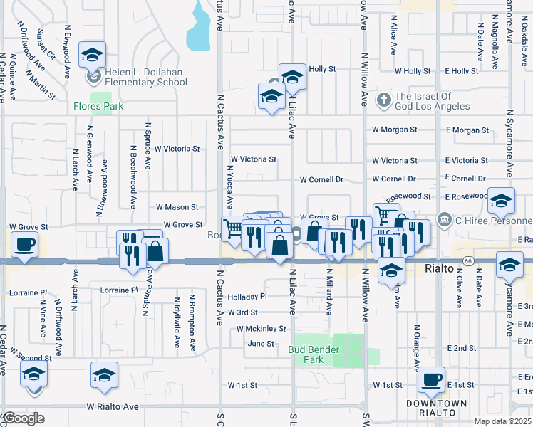 map of restaurants, bars, coffee shops, grocery stores, and more near 548 West Ramona Drive in Rialto