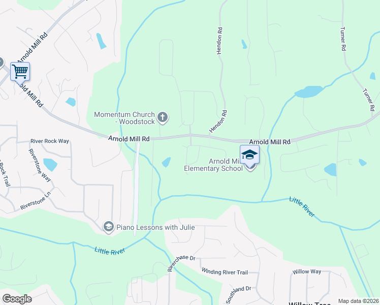 map of restaurants, bars, coffee shops, grocery stores, and more near 169 Air Acres Way in Woodstock