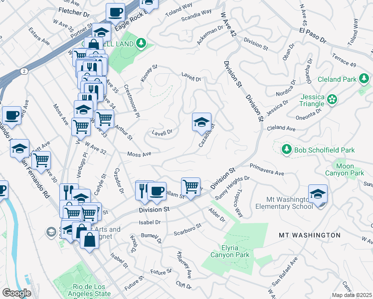 map of restaurants, bars, coffee shops, grocery stores, and more near 3615 Richardson Drive in Los Angeles