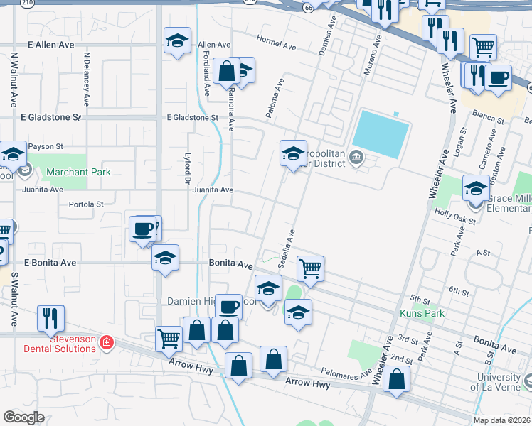 map of restaurants, bars, coffee shops, grocery stores, and more near 2731 Damien Avenue in La Verne