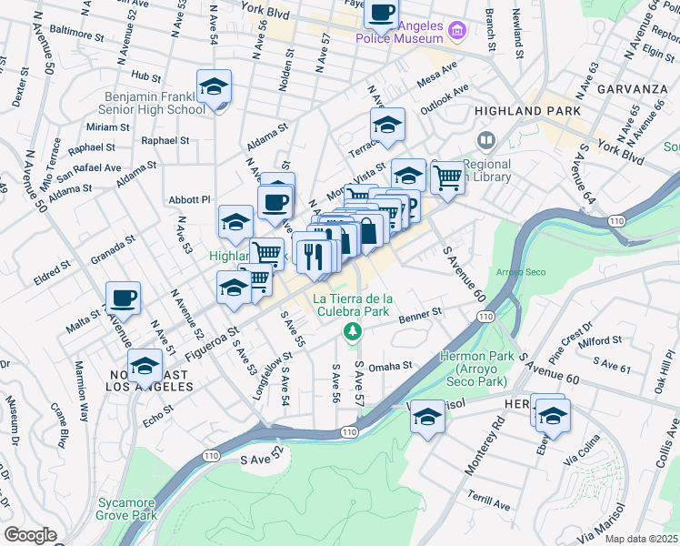 map of restaurants, bars, coffee shops, grocery stores, and more near 140 South Avenue 57 in Los Angeles