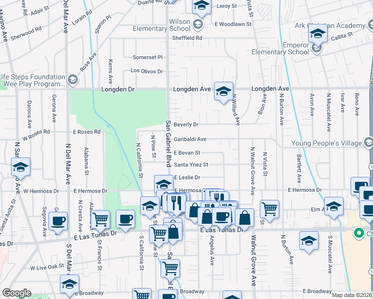 map of restaurants, bars, coffee shops, grocery stores, and more near 8241 East Bevan Street in San Gabriel