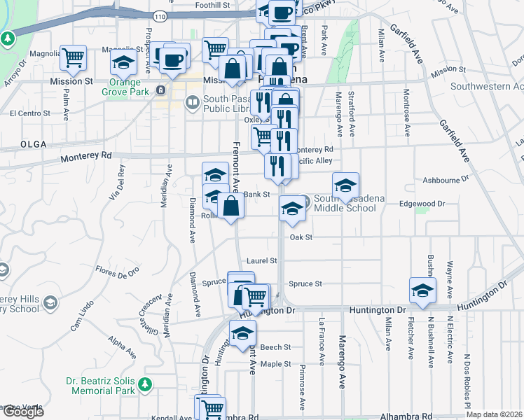 map of restaurants, bars, coffee shops, grocery stores, and more near 1500 Rollin Street in South Pasadena