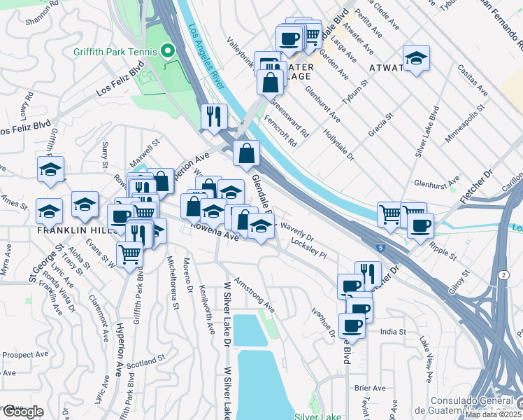 map of restaurants, bars, coffee shops, grocery stores, and more near 2829 Waverly Drive in Los Angeles