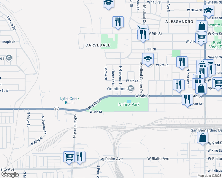 map of restaurants, bars, coffee shops, grocery stores, and more near 1816 West 5th Street in San Bernardino