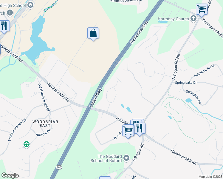 map of restaurants, bars, coffee shops, grocery stores, and more near 2571 Hamill Drive in Buford