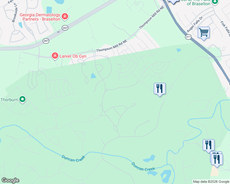 map of restaurants, bars, coffee shops, grocery stores, and more near 5727 Allee Way in Braselton