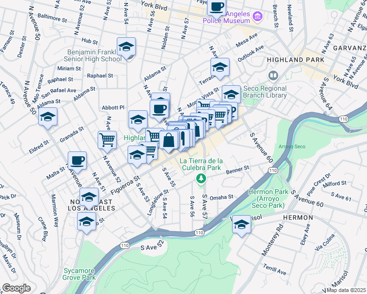 map of restaurants, bars, coffee shops, grocery stores, and more near 5577 North Figueroa Street in Los Angeles