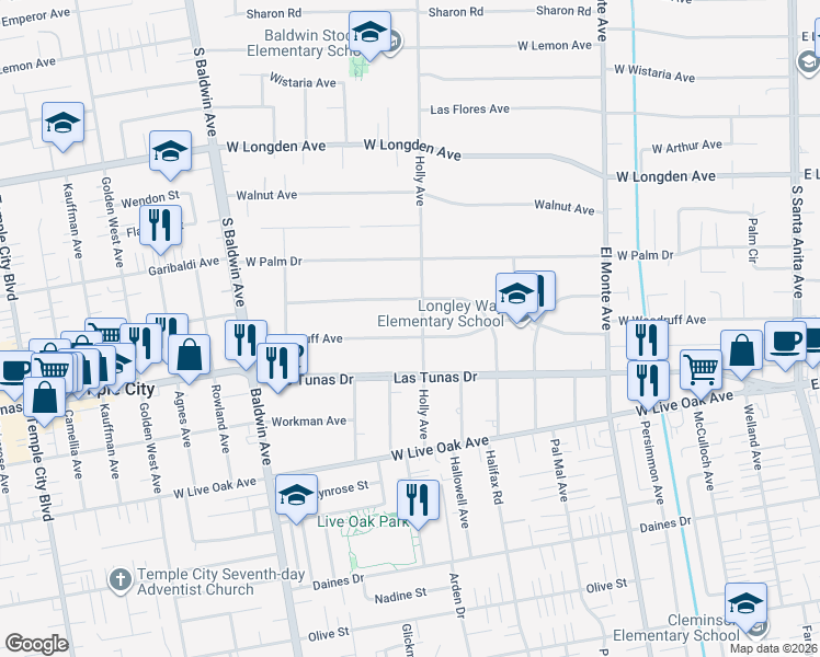 map of restaurants, bars, coffee shops, grocery stores, and more near 2601 Holly Avenue in Arcadia