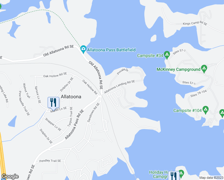 map of restaurants, bars, coffee shops, grocery stores, and more near 24 Allatoona Landing Road Southeast in Cartersville
