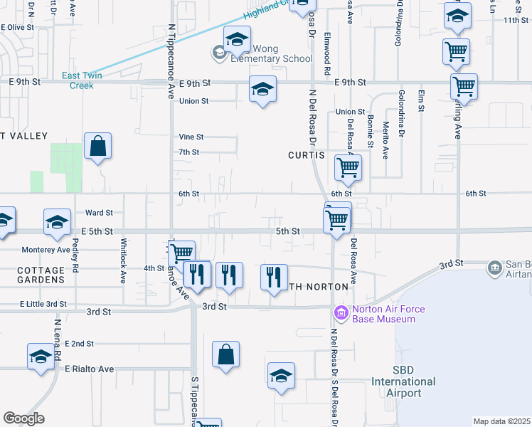map of restaurants, bars, coffee shops, grocery stores, and more near 25180 West 5th Street in San Bernardino