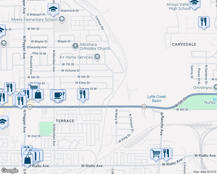 map of restaurants, bars, coffee shops, grocery stores, and more near 2315 Spruce Street West in San Bernardino