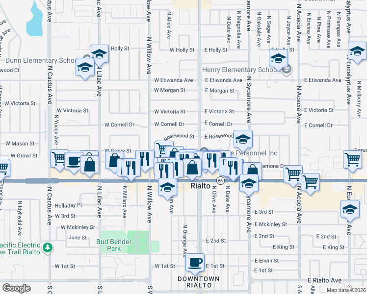 map of restaurants, bars, coffee shops, grocery stores, and more near 146 West Ramona Drive in Rialto