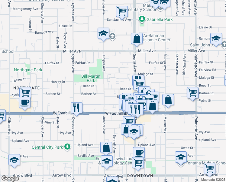 map of restaurants, bars, coffee shops, grocery stores, and more near 16731 Barbee Street in Fontana