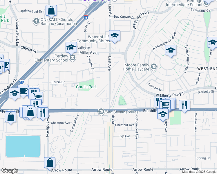 map of restaurants, bars, coffee shops, grocery stores, and more near 7971 East Avenue in Fontana