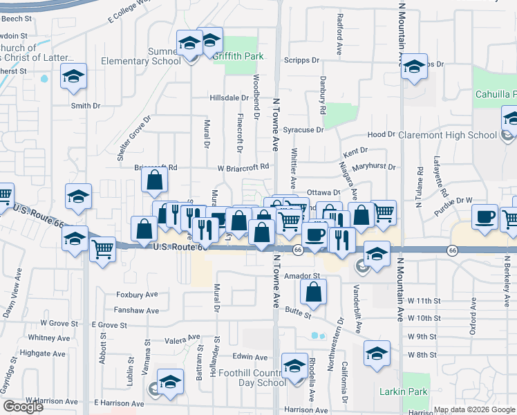 map of restaurants, bars, coffee shops, grocery stores, and more near 775 East Foothill Boulevard in Pomona