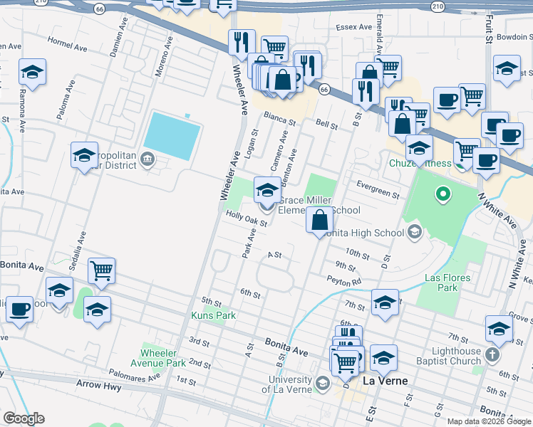 map of restaurants, bars, coffee shops, grocery stores, and more near 1711 Maplewood Street in La Verne